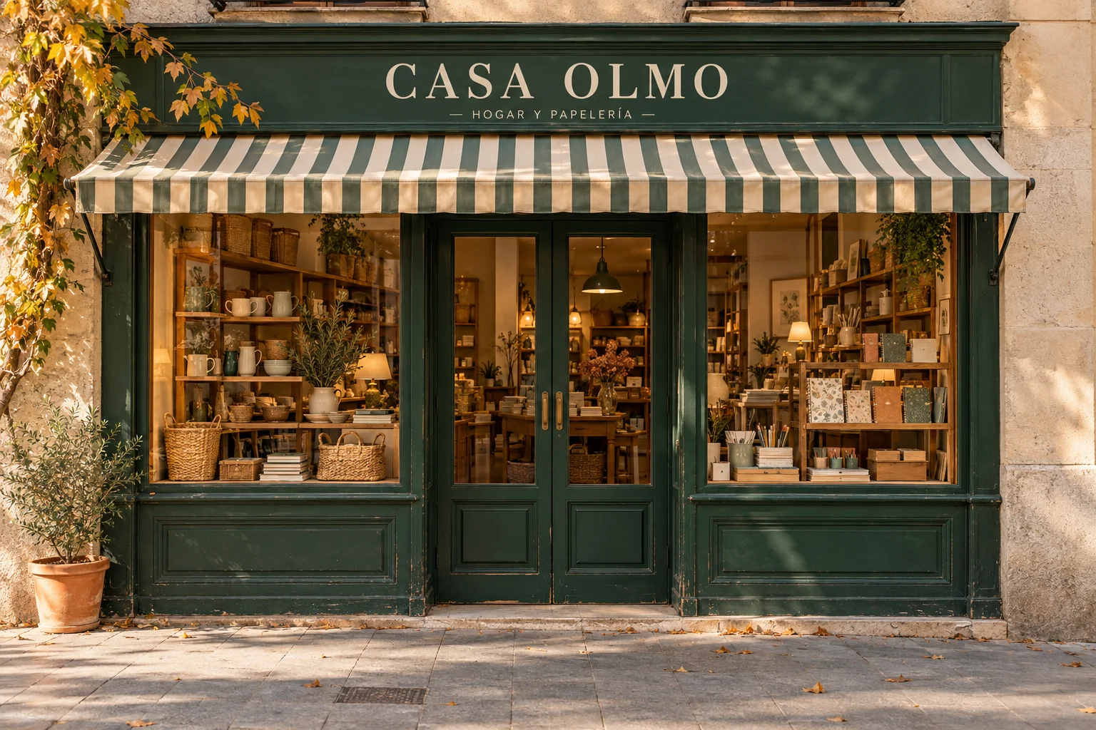 Escaparate ficticio de Casa Olmo, con un toldo a rayas y carpintería verde