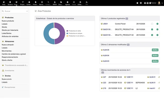 Panel de productos y existencias de la demostración oficial de Dolibarr 24.0.2
