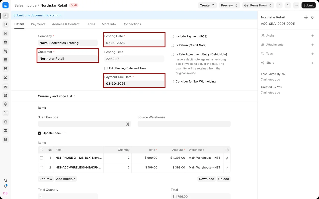 Formulario de factura de venta en la documentación oficial de ERPNext