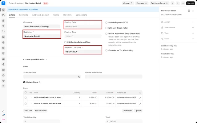 Formulario de factura de venta en la documentación oficial de ERPNext