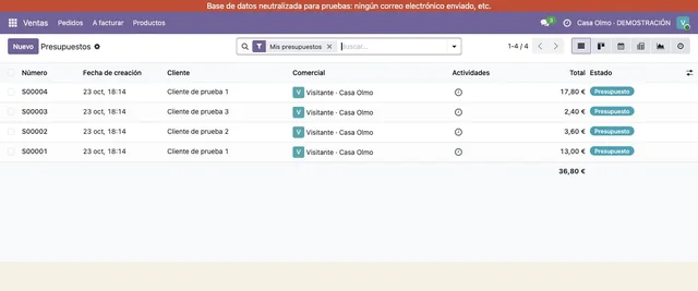 Lista de presupuestos en Odoo 19 con los datos ficticios de la demo de Apturia