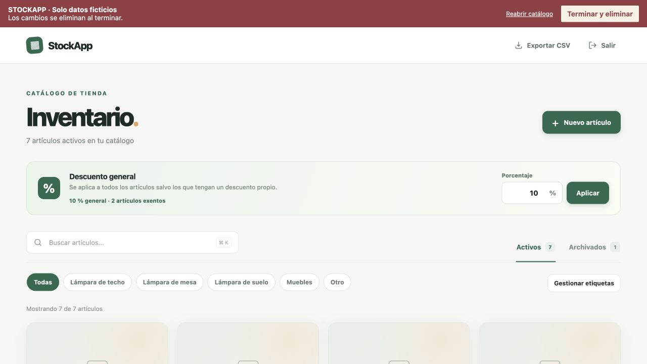 Catálogo de StockApp con artículos ficticios de la demo